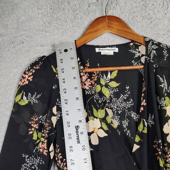 Reformation Susanna Midi Dress Women's XS Black Multi Floral Wrap Long Sleeve - Picture 9 of 12